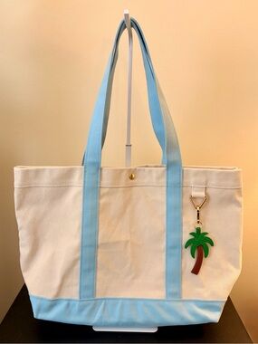 BaubleBar Cream Canvas Tote with Sky Blue Trim and Palm Tree Charm (NWOT)